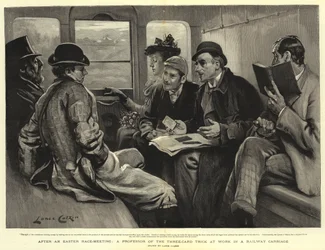 Nach einem Oster-Rennen, ein Professor des Drei-Karten-Tricks bei der Arbeit in einem Eisenbahnwagen